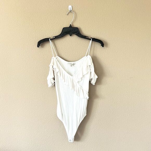 Express Off Shoulder Ruffle Ribbed Bodysuit - Picture 1 of 7